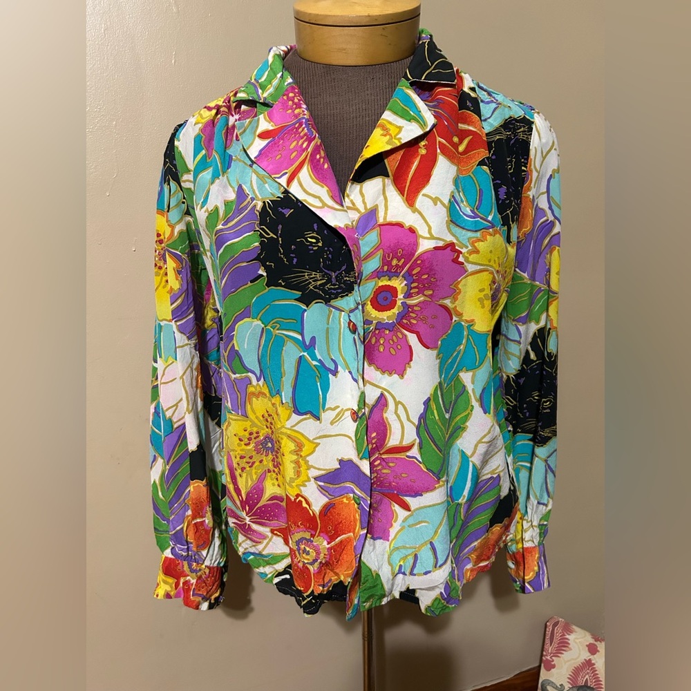 VTG Jerri Sherman Beautiful Blouse TROPICAL COLORFUL 100% Silk Size 8